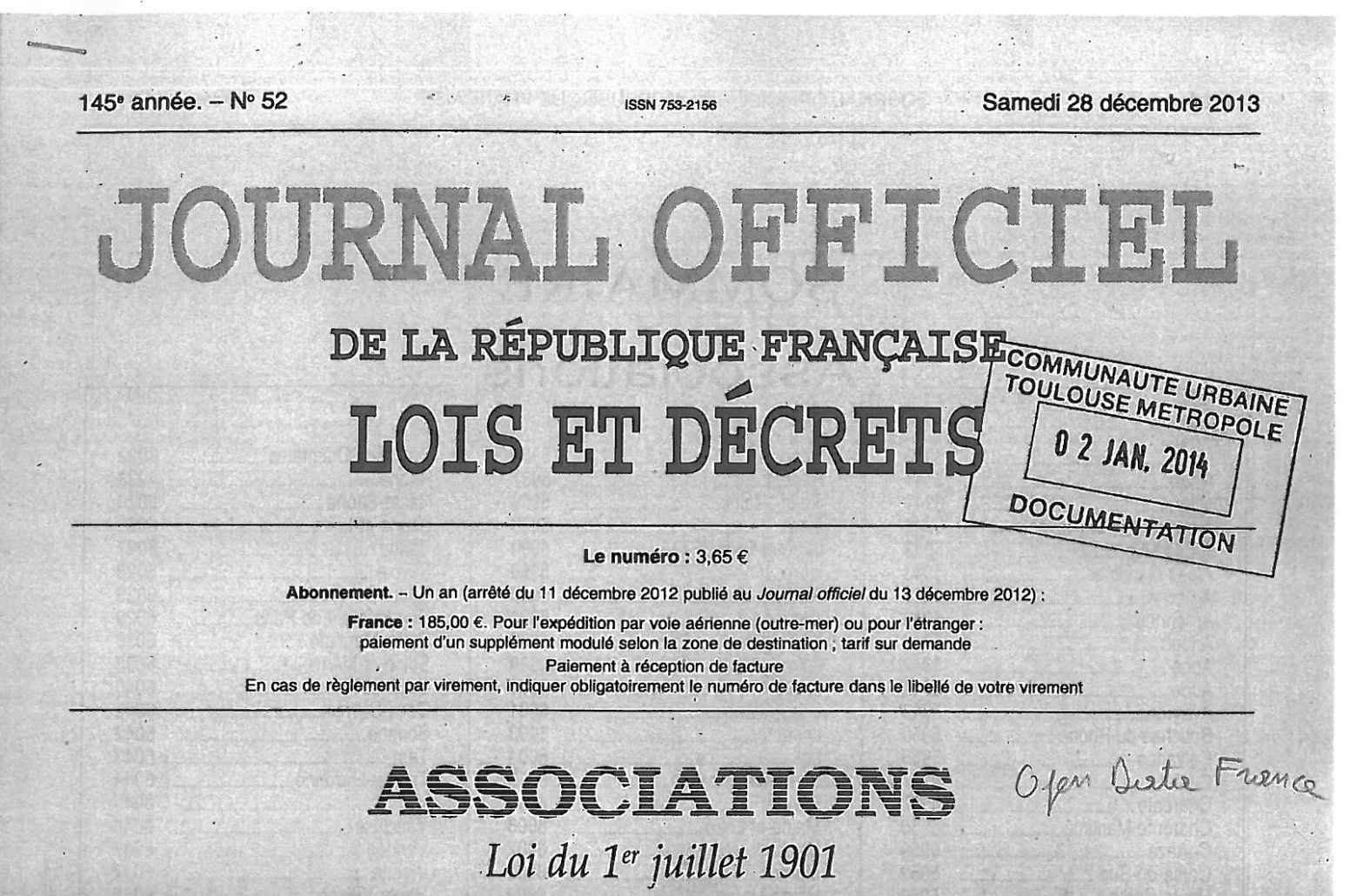 Journal officiel annonçant la création de l'association OpenDataFrance - Archive 28 décembre 1013